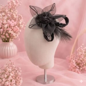 Luxurious Black Evening Headpiece with Feather Plume, Sculpted Loops, and Bloom Center