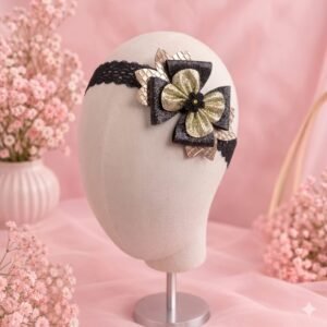Black and gold glitter bow girls headband on black lace