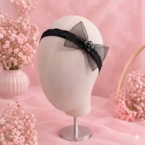 Black mesh bow girls headband with beaded flower on black lace