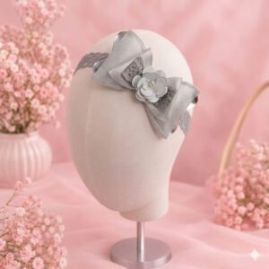 Grey layered bow girls headband with flower on grey elastic lace