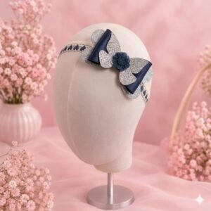 Navy and silver glitter bow girls headband on lace band