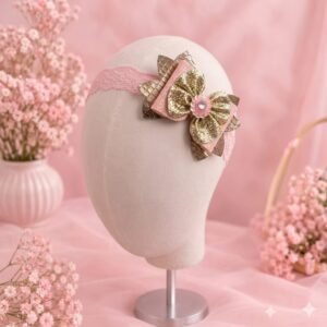Pink glitter bow headband for girls with gold bow and lace band